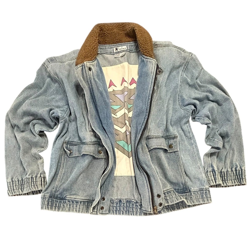 Vintage Ron Chereskin Denim Bomber Jacket Sherpa Collar Light Wash XL